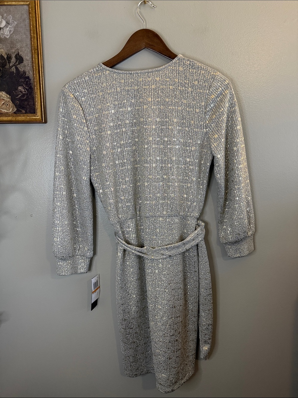 City Studio Silver Gold Metallic Sparkle Belted Mini Dress Size 3 - Picture 8 of 8